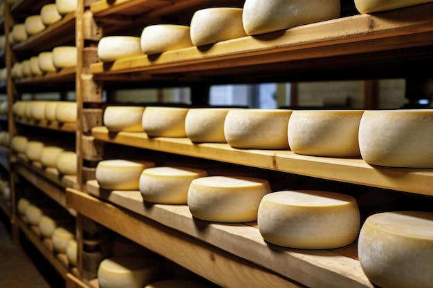 Een grote productieruimte gevuld met veel rekken en planken met verschillende soorten kaas. De kaas rijpt in een speciale ruimte in de fabriek. Kaasproductie en -opslag