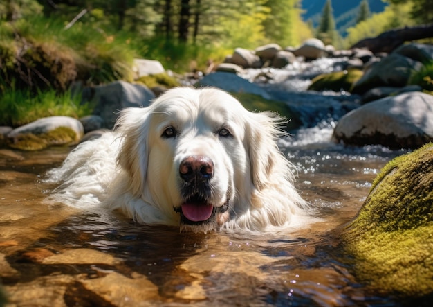 Een Grote Pyreneeën die afkoelt in een kristalheldere bergbeek