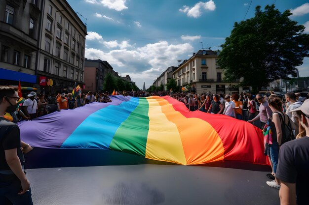 Een grote regenboogvlag van de LGBT-gemeenschap in de stad tijdens parade pride-maand Generative AI 1