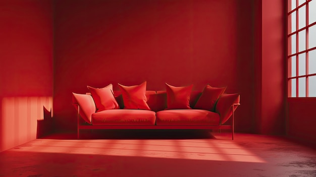 Een grote rode bank met kussens in een rode kamer.