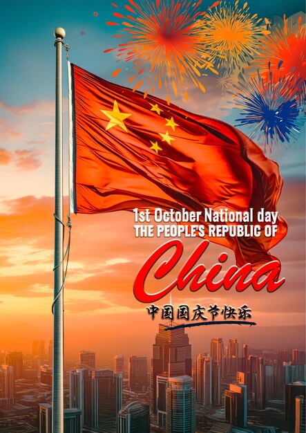 Een grote rode Chinese vlag wappert voor een China Modern Skyline China nationale feestdagposter