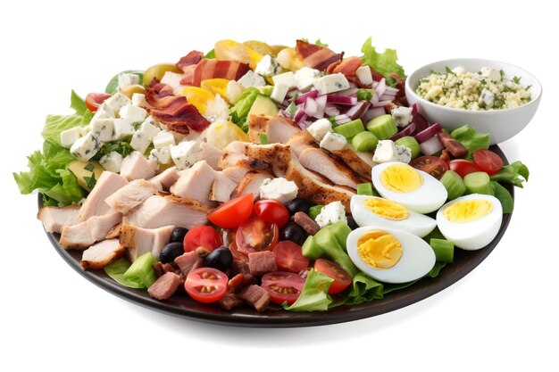 Een grote salade met ham, eieren en kaas