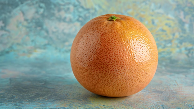 Een grote sappige grapefruit zit op een blauwe tafel de grapefru it is perfect rond en heeft een gladde glanzende huid