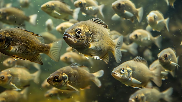 Een grote school vissen zwemt in een groenblauw water. De vissen zijn allemaal van verschillende grootte en vorm en ze zwemmen allemaal in verschillende richtingen.