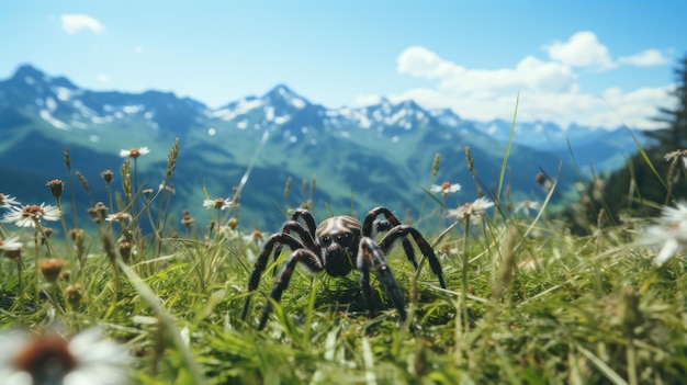 Foto een grote spin zit in het gras met een bergketen erachter.