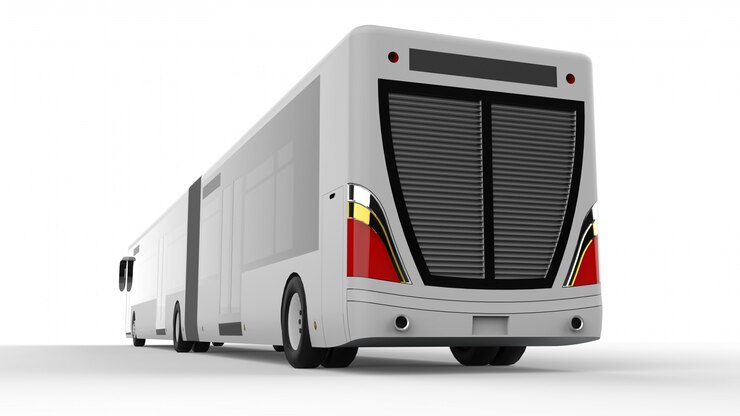 Foto een grote stadsbus met een extra langwerpig deel voor grote passagierscapaciteit tijdens spitsuren of personenvervoer. modelsjabloon voor het plaatsen van uw afbeeldingen en inscripties.