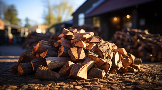 Foto een grote stapel hout naast een gebouw met een wazige achtergrond