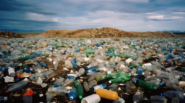 Een grote stapel plastic flessen midden in een veld ai