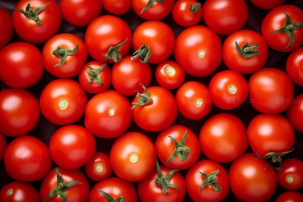 Een grote stapel tomaten met de groene stengel bovenaan.