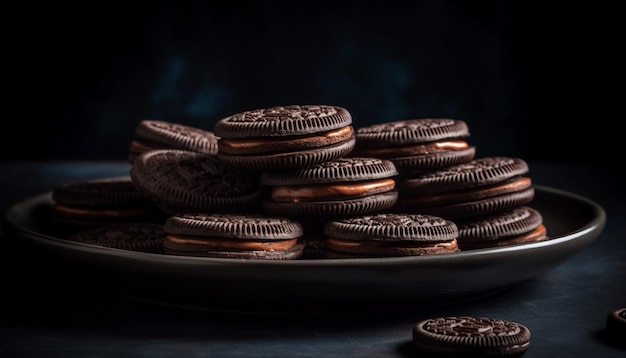 Een grote stapel zelfgemaakte chocoladekoekjes op hout gegenereerd door kunstmatige intelligentie