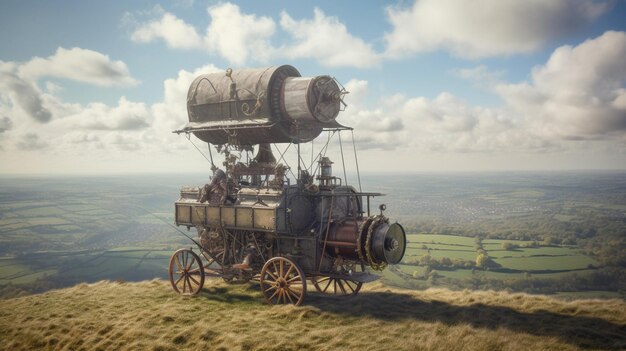 Een grote stoommachine staat op een heuvel met een blauwe lucht en wolken op de achtergrond.