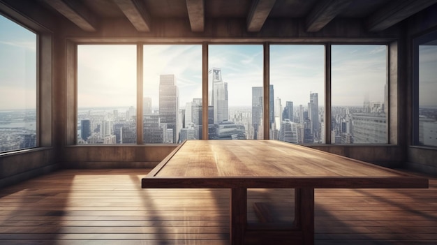 Een grote tafel in een kamer met een stadsgezicht op de achtergrond