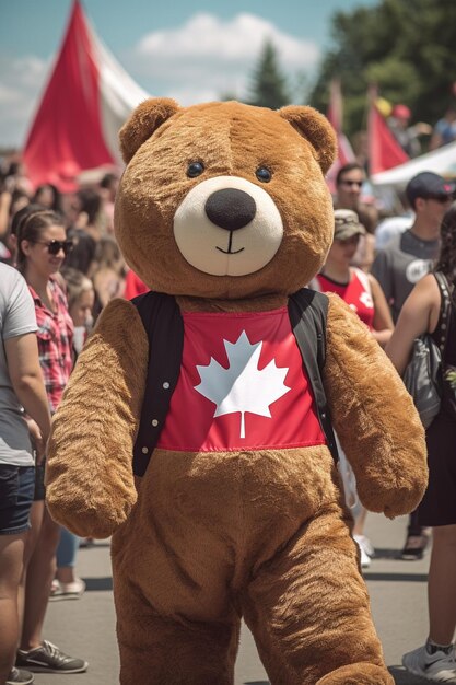 Een grote teddybeer met een rood esdoornblad op zijn shirt loopt in een optocht.