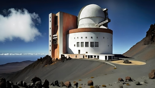 Een grote telescoop op een bergtop met wolken op de achtergrond.