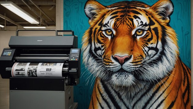 Foto een grote tijgermuur naast een grote printer