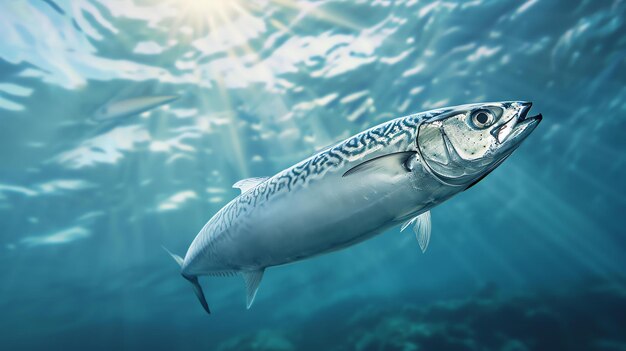 Een grote vis zwemt in de diepblauwe zee de zon schijnt door het water en verlicht de schubben van de vis