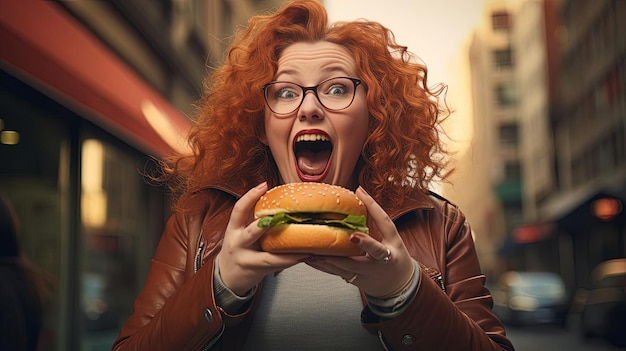 Foto een grote vrouw die een hamburger omhoog houdt in de stad in de stijl van naturalistische portretten