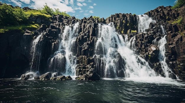 een grote waterval in het midden van een weelderig groen bos