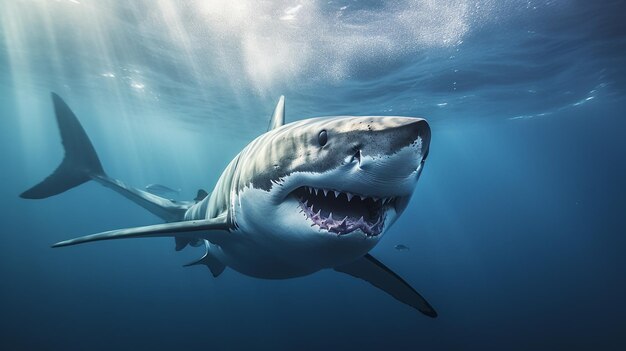 Foto een grote witte haai piercing blik intense details in de diepe oceaan wateren dynamische verlichting