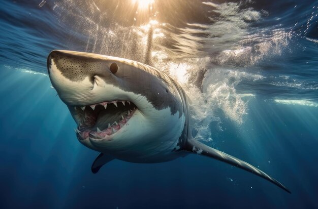 Een grote witte haai zwemt in de Indische Oceaan