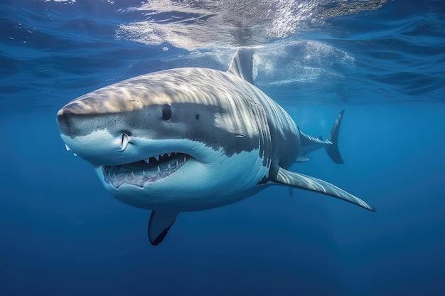 Een grote witte haai zwemt in de Indische Oceaan