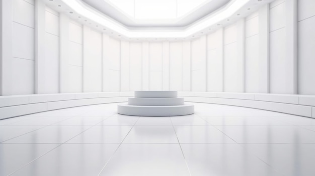 Een grote witte kamer met in het midden een leeg podium