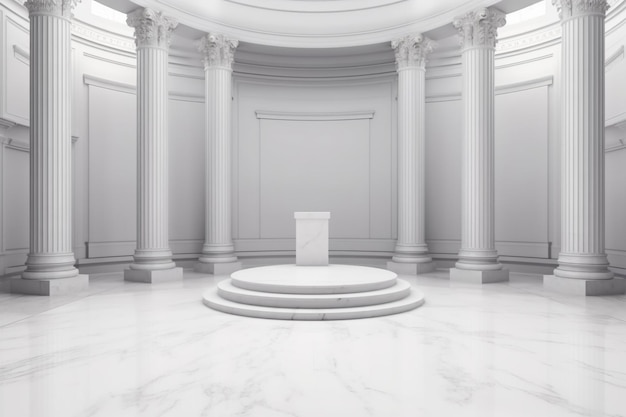 Een grote witte kamer met in het midden een leeg podium