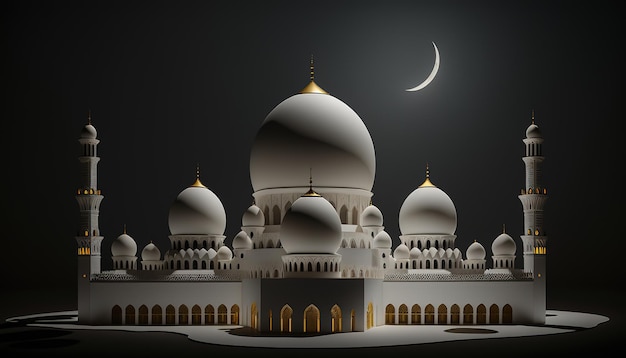 Een grote witte moskee met een gouden maan op de koepelIslamitische stijlbanner voor productvertoning Mooie moslimuitnodiging Eid mubarak Religie achtergrond Generatieve AI