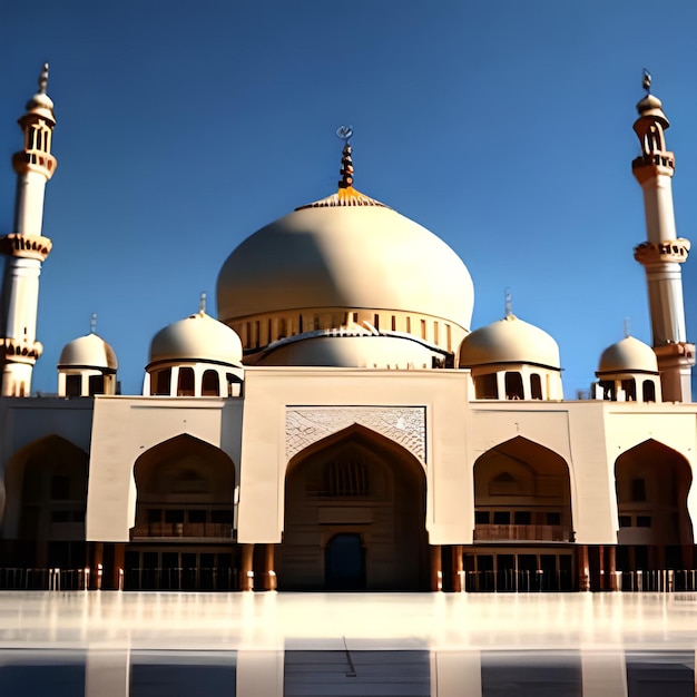 Een grote witte moskee met een grote koepel en een blauwe lucht op de achtergrond.