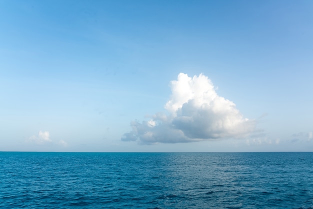 Een grote witte wolk in de blauwe lucht boven de wolk van het zeelandschap boven de horizon van het oceaanwaterpanorama