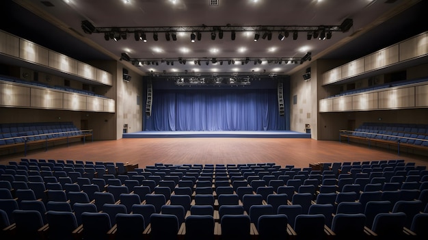 Een grote zaal met blauwe stoelen en een blauw podium met op de achtergrond een podium.