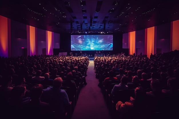 Foto een grote zaal met een groot scherm waarop 'de toekomst van de wereld' staat