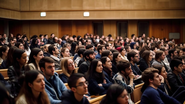 Een grote zaal vol mensen met op de achtergrond een groot publiek