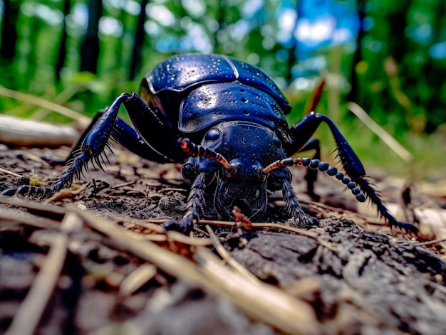 Een grote zwarte insect ligt op de grond.