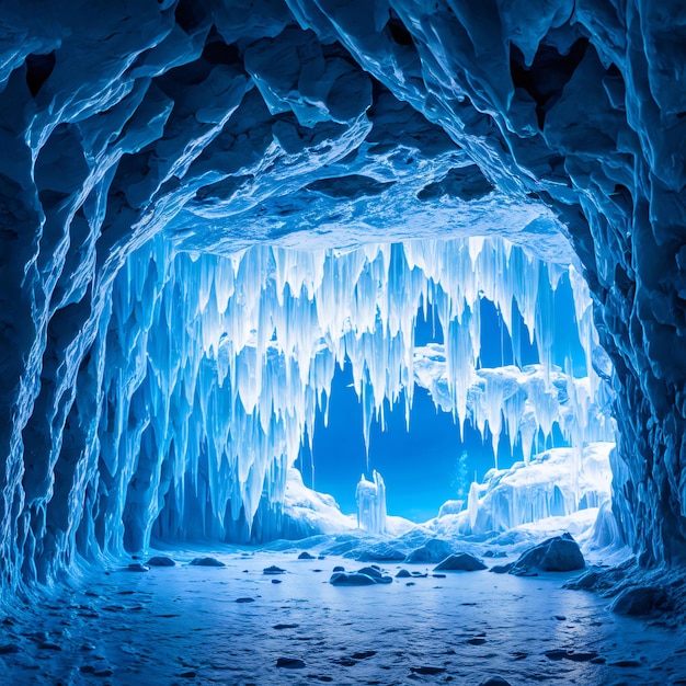 Foto een grotvormige ijzige grot met elektrische blauwe en kristallen formaties
