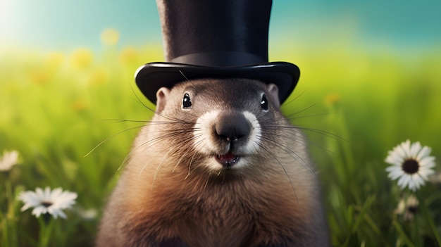 Een groundhog in hoge hoed op een achtergrond van groen lentegras