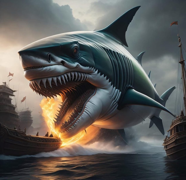 Een haai vliegt over een schip met een gigantische haai op zijn bek.