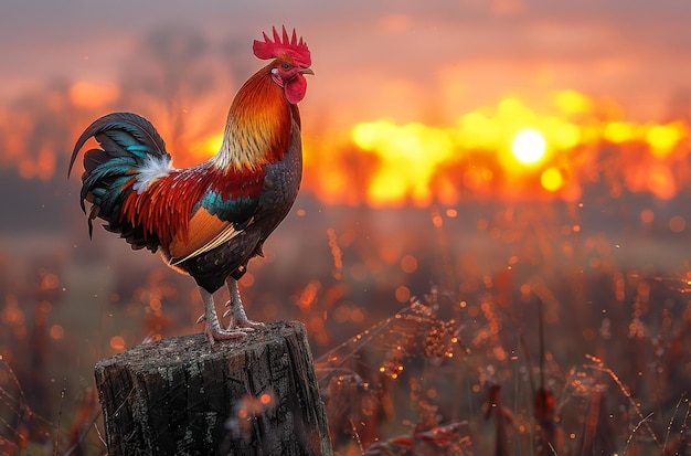 Een haan die in de ochtend kraakt Een haan die alleen loopt op een houten stomp bij zonsondergang