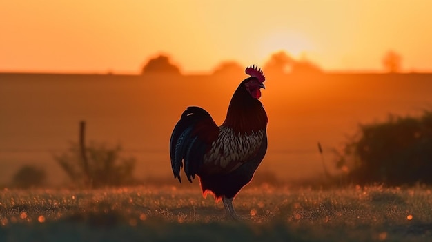 Een haan staat in een veld bij zonsondergang