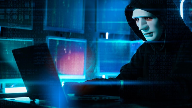 Een hacker gebruikt een laptop om 's nachts gegevens te stelen