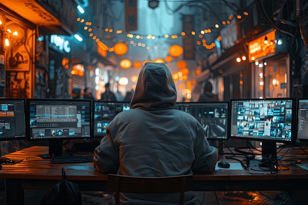 Een hacker in de kap zit aan zijn bureau en kijkt in drie monitors waarop hij het systeem ziet in