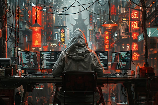Een hacker in de kap zit aan zijn bureau en kijkt in drie monitors waarop hij het systeem ziet in