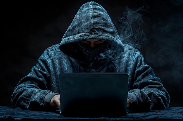 Een hacker in een donkerblauwe hoodie met een laptop in de stijl van een cybersecurity concept op een zwarte achtergrond