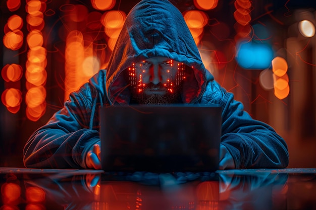 Een hacker in een donkerblauwe hoodie zit bij een laptop tegenover de camera met hun gezicht verborgen in de stijl