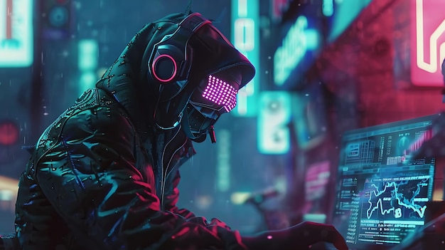 Een hacker in een donkere hoodie en masker gebruikt een laptop om toegang te krijgen tot het elektriciteitsnet van de stad.
