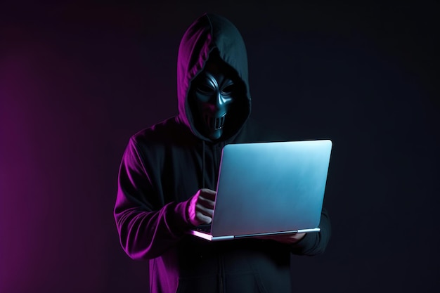 een hacker in een hoodie met behulp van een laptopcomputer geïsoleerd op een donkere achtergrond met neonlicht