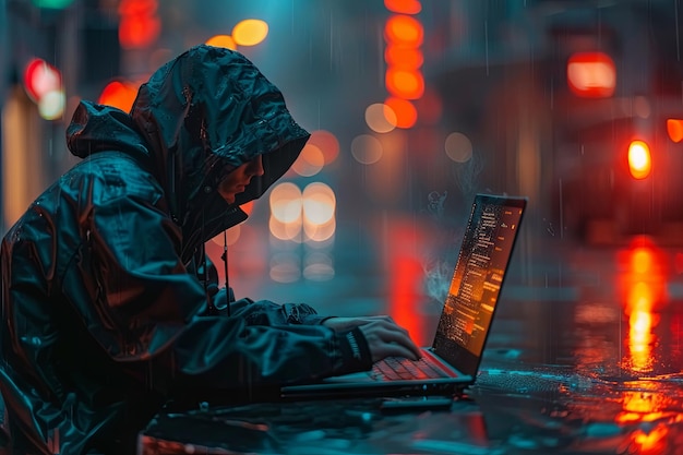 Een hacker in een hoodie met een gezichtsloos masker zit aan een tafel en werkt aan een laptop tegen een digitale donkere achtergrond met code en binaire getallen Concept van een hacker die werkt Generatieve AI