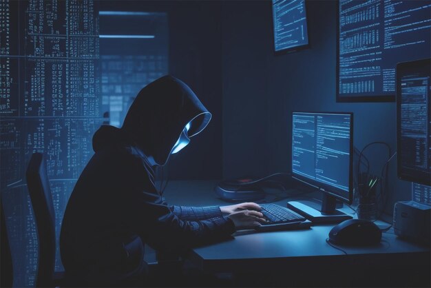 Een hacker in een zwak verlichte kamer omringd door schermen die woedend op een toetsenbord tikt