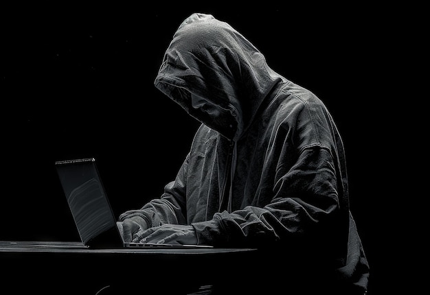 Een hacker in een zwarte hoodie zit aan een tafel met een laptop op een donkere achtergrond.