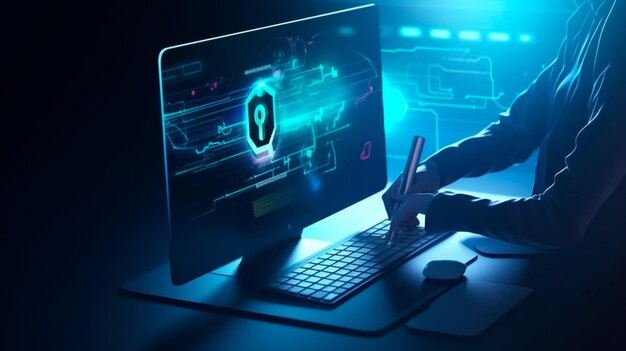 Een hacker op internet pikt een beveiligingssleutel op Veiligheidssysteem Cyberbeveiliging op internet Banner Generatieve AI-illustrator